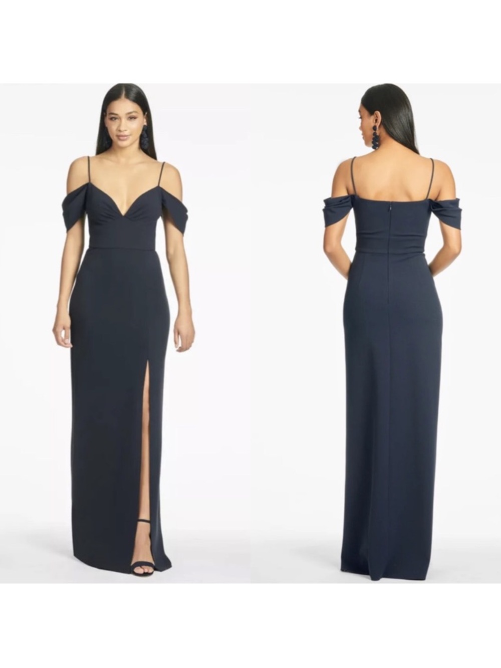 SACHIN & BABI Brittany Gown navy blue off shoulder crepe maxi